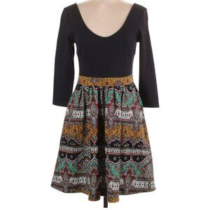 Maeve for Anthropologie Size 12 Dress Boho Black Gold Paisley Fit and Flare NWOT